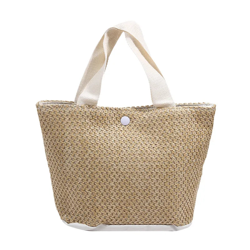 Trendy Straw Handbag Women's Woven Beach Bag Casual Snap Button Satchel Bag Small Braided Shoulder Bag For Travel Beach Trip