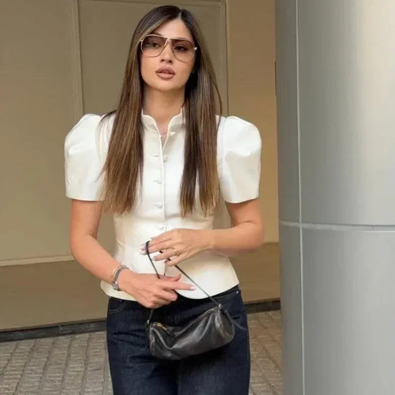 ג'קט פופר קצר שרוול צוואר עגול סאטן מוצק דק כפתור קדמי 2026 אביב רטרו אלגנטי חולצה לנשים שיק משרד