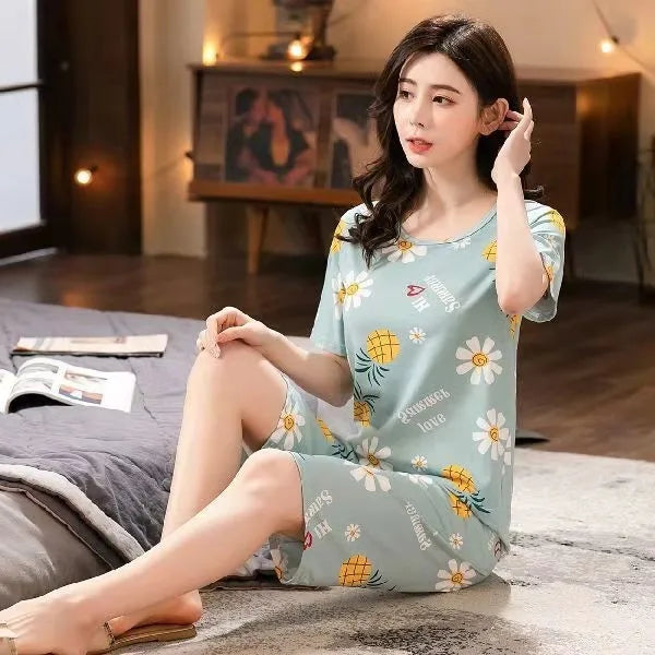 Summer New Ladies Pajamas Homewear Set of Short-Sleeved Pajamas Women's Summer Simple Korean Cartoon Loose Large Size Homewear