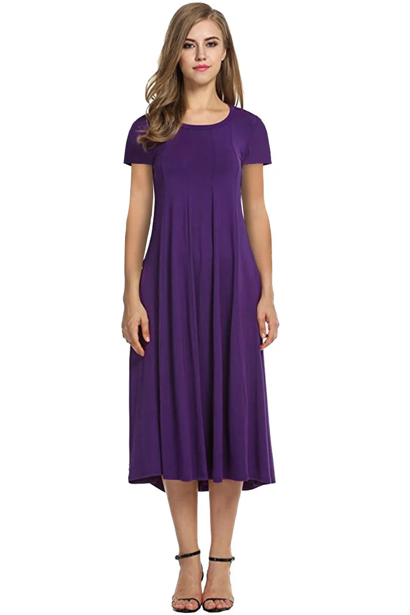 2024 Summer Women's Top Selling Round Neck Short Sleeve Solid Color Flare Dress