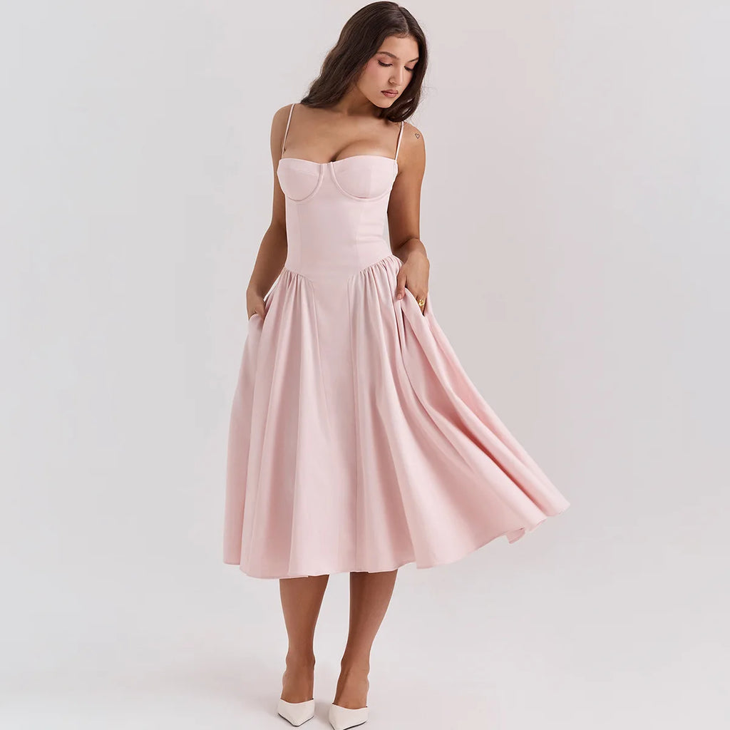 Summer Women Elegant Sleeveless Backless Pleated Dresses Lady Sexy Solid Sling Midi Dress 2024 Female Party Evening A-line Robes