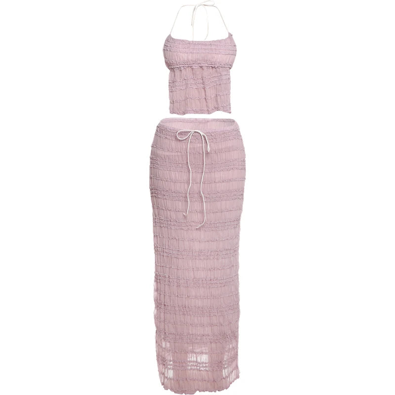 Weird Puss Mesh Backless 2 Piece Set Women Halter Lace-Up See Through Crop Tops+Loose Elegant Long Skirts Vacation Trend Outfits
