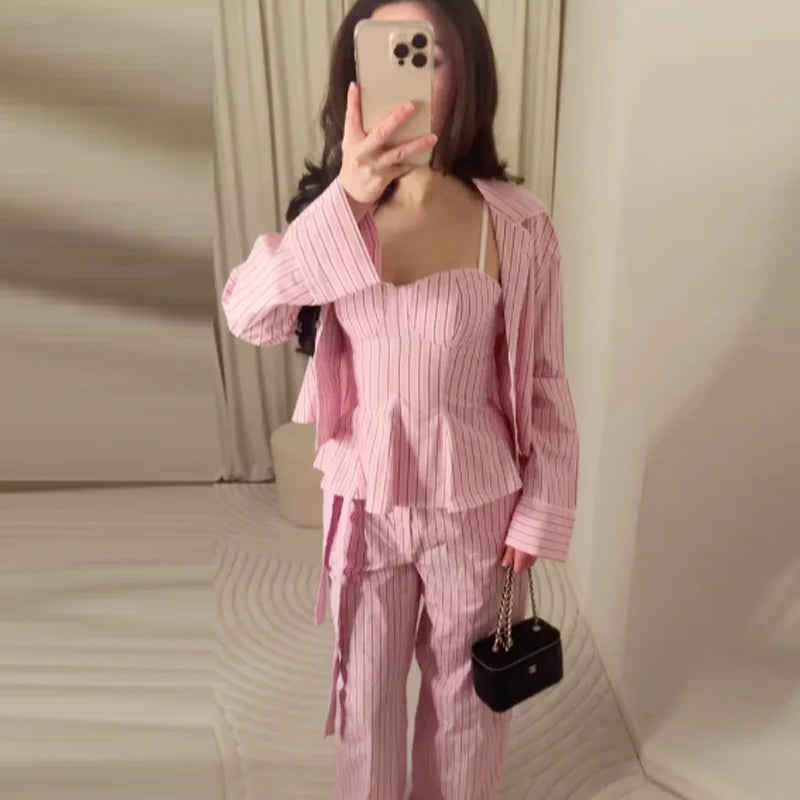 HXAO 2025 Striped Pant Sets Women's Suit Summer Elegant Crop Slip Top Vest 2 Piece Sets Woman Outfit Bow High Waist Trousers Set