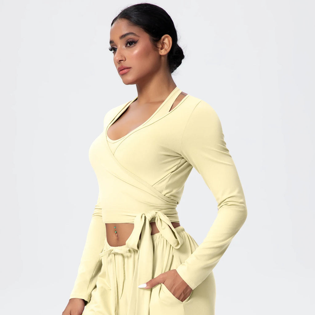 Women Slim Breathable Sports Top Women Active Wear Sports Yoga Long Sleeved Solid Color Running Shirts Straps Design Yoga Top
