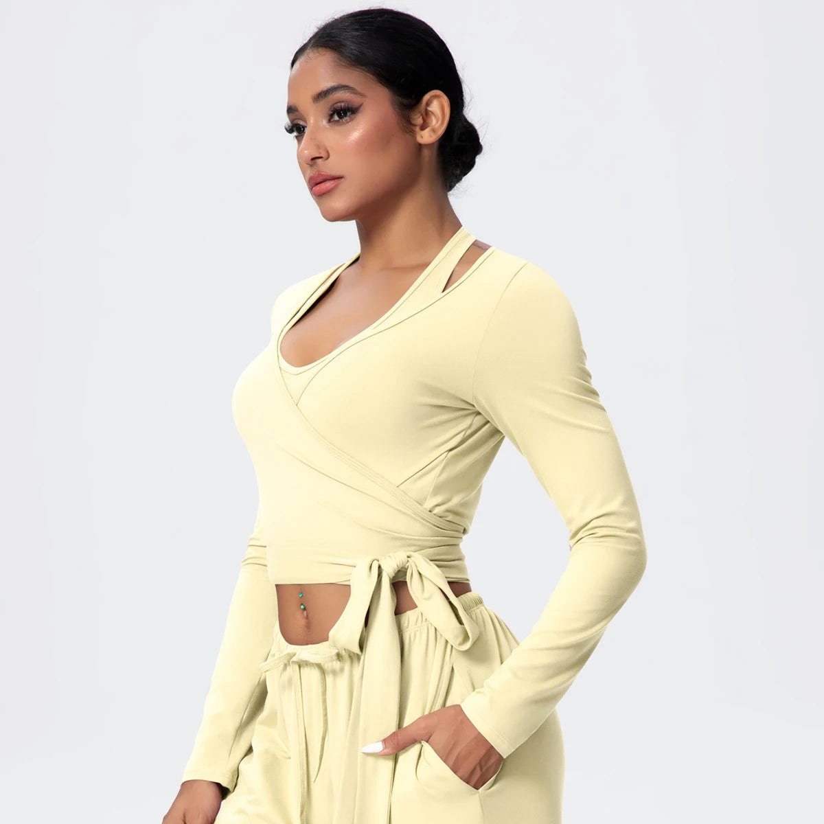 Women Slim Breathable Sports Top Women Active Wear Sports Yoga Long Sleeved Solid Color Running Shirts Straps Design Yoga Top