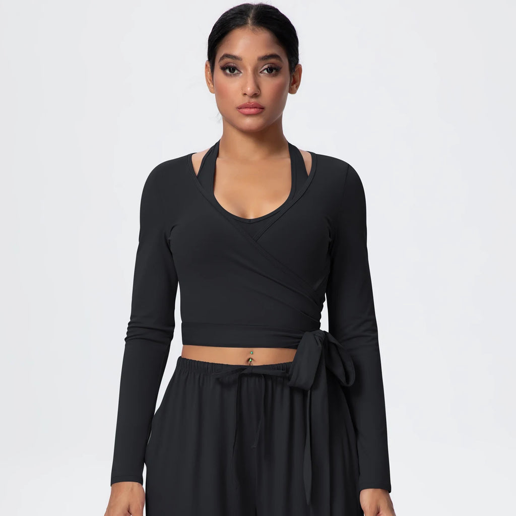 Women Slim Breathable Sports Top Women Active Wear Sports Yoga Long Sleeved Solid Color Running Shirts Straps Design Yoga Top