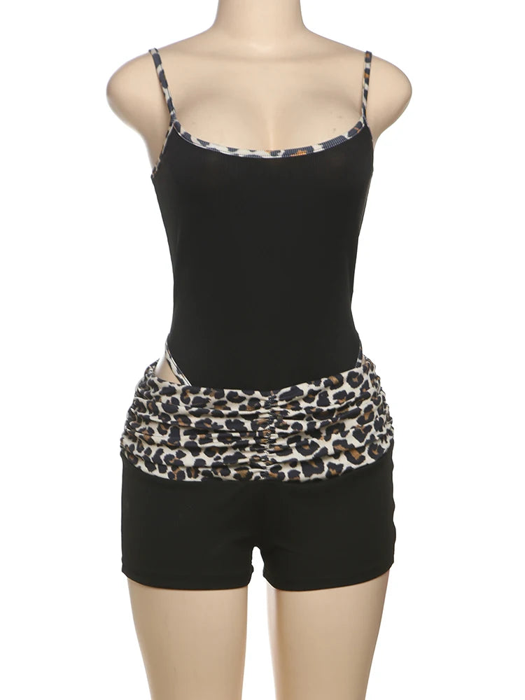 Nibber Sexy Leopard Print Women 2 Piece Set Tracksuit Stretch Sleeveless Bodysuit Tops+Wide Waist Shorts Matching Street Outfits