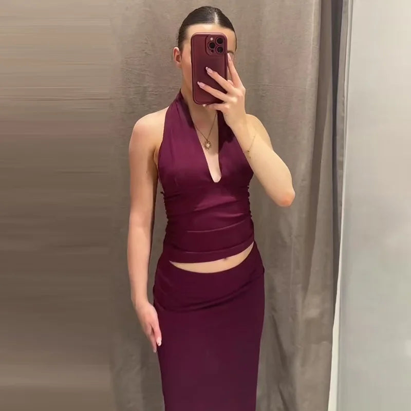 HXAO 2025 Women's Two Pieces Set Purple Black Skirt Set Ruffled Halter Neck Crop Top 2 Piece Woman Midi High Waist Slit Suit 066