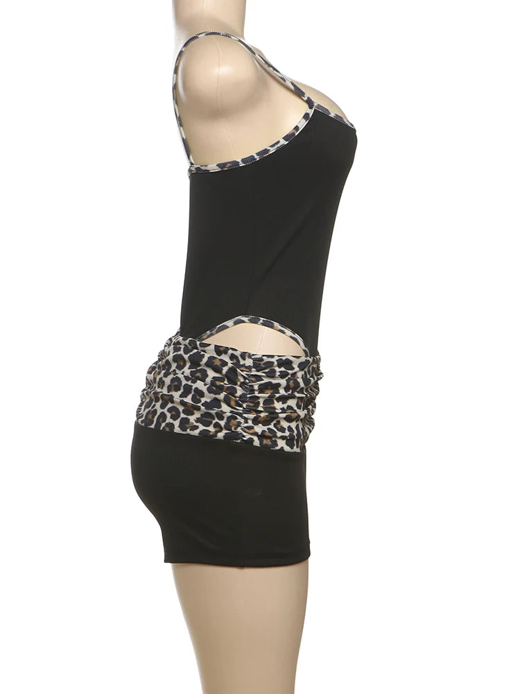 Nibber Sexy Leopard Print Women 2 Piece Set Tracksuit Stretch Sleeveless Bodysuit Tops+Wide Waist Shorts Matching Street Outfits