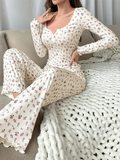4 Size Choose S M L XL  Apricot Ditsy Floral Women Homewear Set Soft Pajama Set Long Sleeve Top and Pants Loungewear Sleepwear T