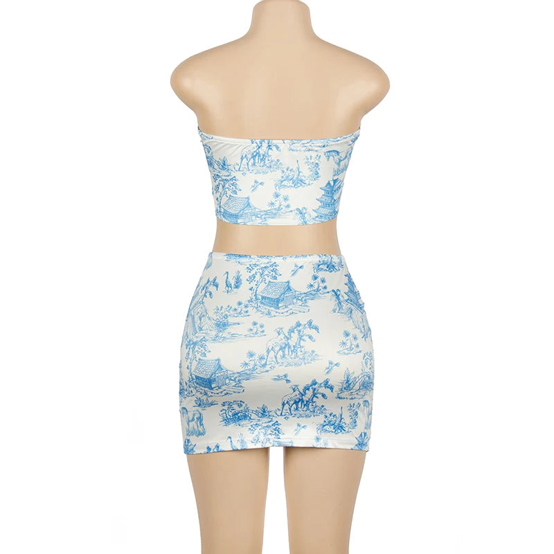 Oshfall Summer Outfits For Women 2-Piece Set Sleeveless Retro Printing Strapless Top+High Waist Slim Mini Skirt Street Clothing