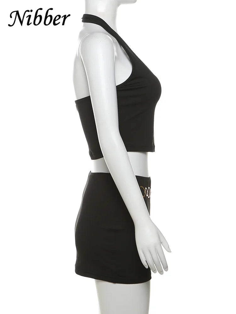 Nibber Metal Buckle 2 Piece Set Women Summer Halter Irregular Classic Tops+Skirts Skinny Solid Midnight Party Matching Suits