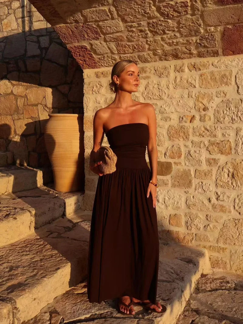 ETJ 2025  women's new dress elegant sexy off-shoulder fashion pleats details slimming strapless dress