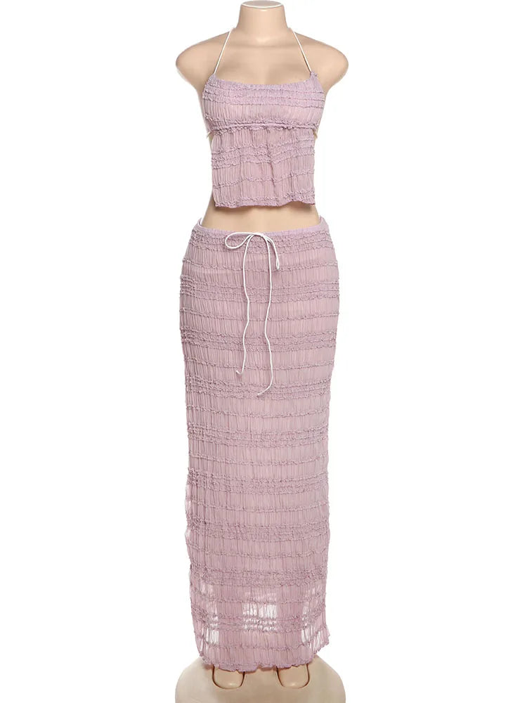 Weird Puss Mesh Backless 2 Piece Set Women Halter Lace-Up See Through Crop Tops+Loose Elegant Long Skirts Vacation Trend Outfits