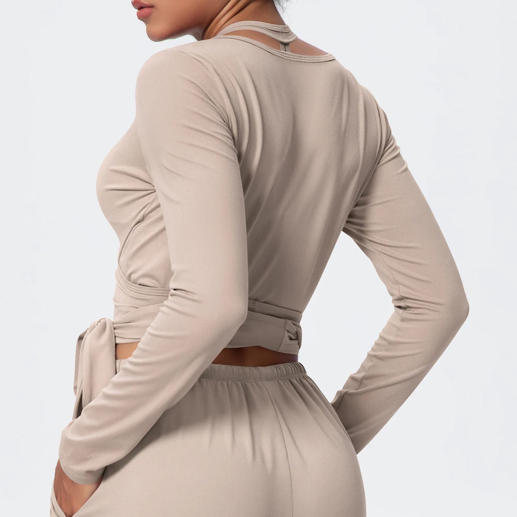 Women Slim Breathable Sports Top Women Active Wear Sports Yoga Long Sleeved Solid Color Running Shirts Straps Design Yoga Top