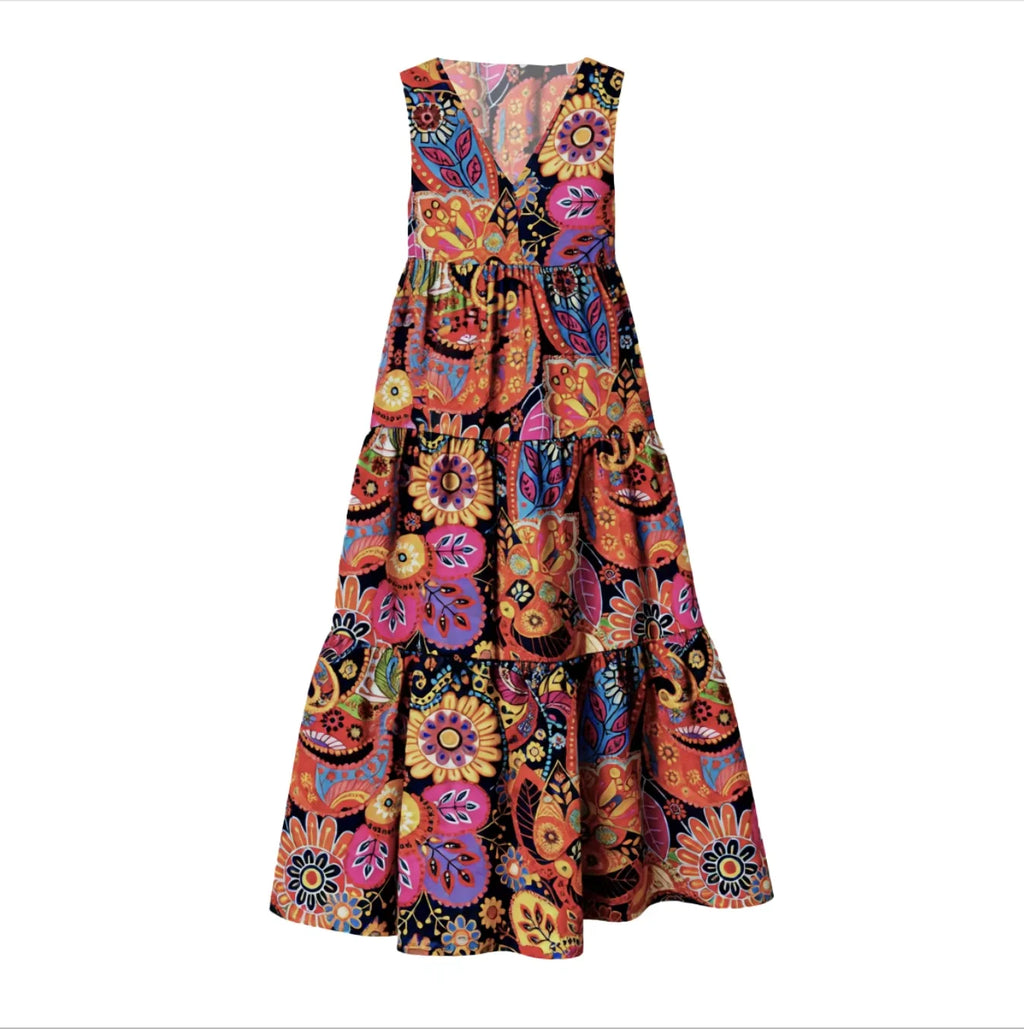 2026 Spring/Summer European & American Women's New Arrival Retro Printed Dress, V-Neck Slimming A-Line Dress for Casual