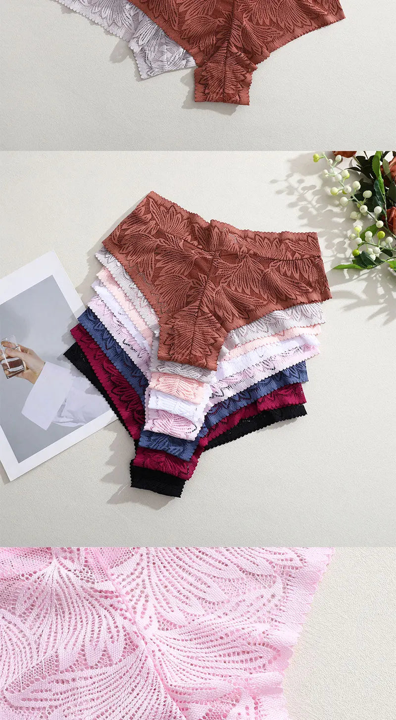FINETOO 4PCS Floral Lace Thongs Sexy Perspective G-String Mid Waist T-back Female Breathable Intimates Brazilian Underwears