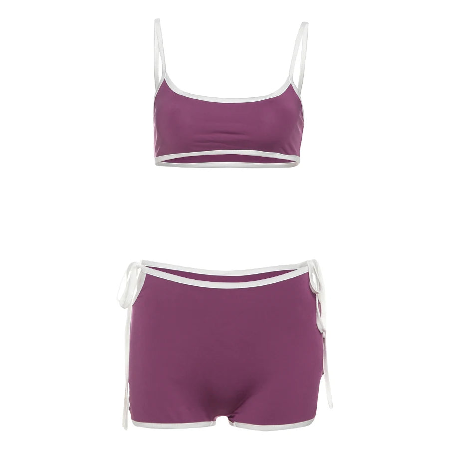 Weird Puss Casual Women 2 Piece Set Tracksuit White Edging Camisole+Side Bandage Shorts Matching Stretch Sporty Streetwear Suits
