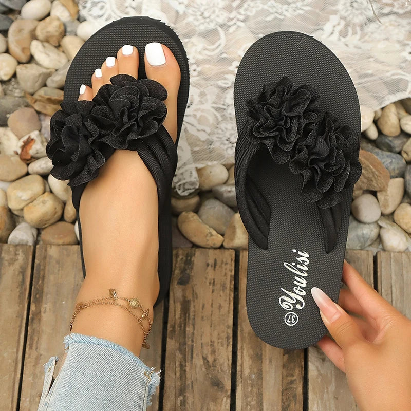 Plus Size 45 Flower Decor Flip Flops Women 2026 Summer Clip Toe Platform Slippers Woman Lightweight Eva Sole Outdoor Slides