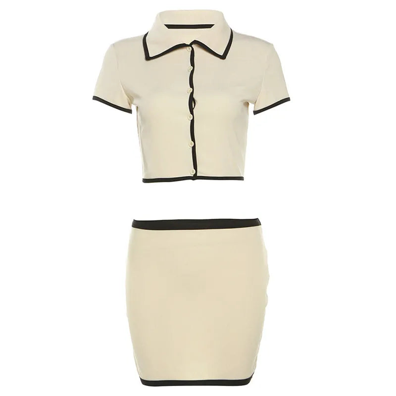 nibber Ribbed Women 2 Piece Set Elegan Polo Neck Button Shorts Crop Tops+Mini Skirts Matching Stretch Elegant Streetwear Outfits