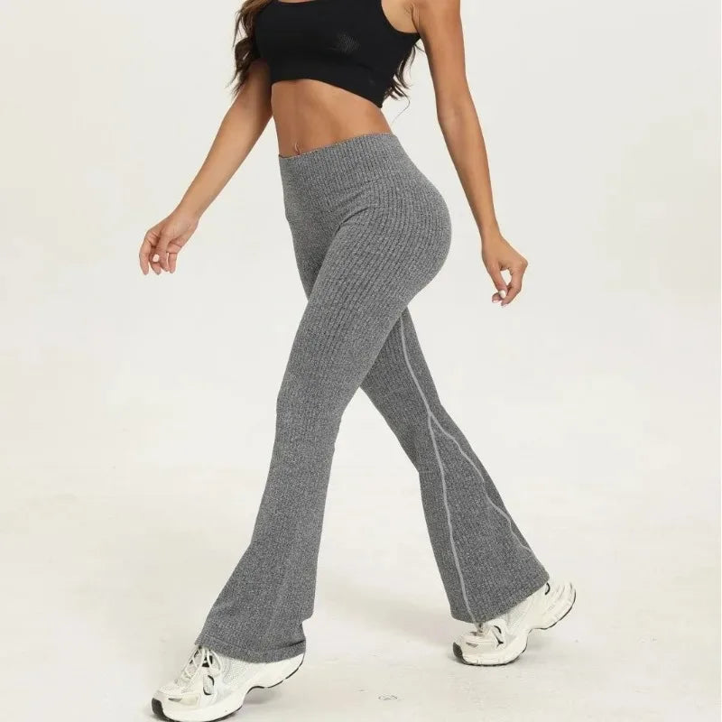 New Micro Bell-bottoms Women Seamless Slim Leggings Solid Ribbed Knited Leggings High Waist High Elastic Yoga Fitness Pants