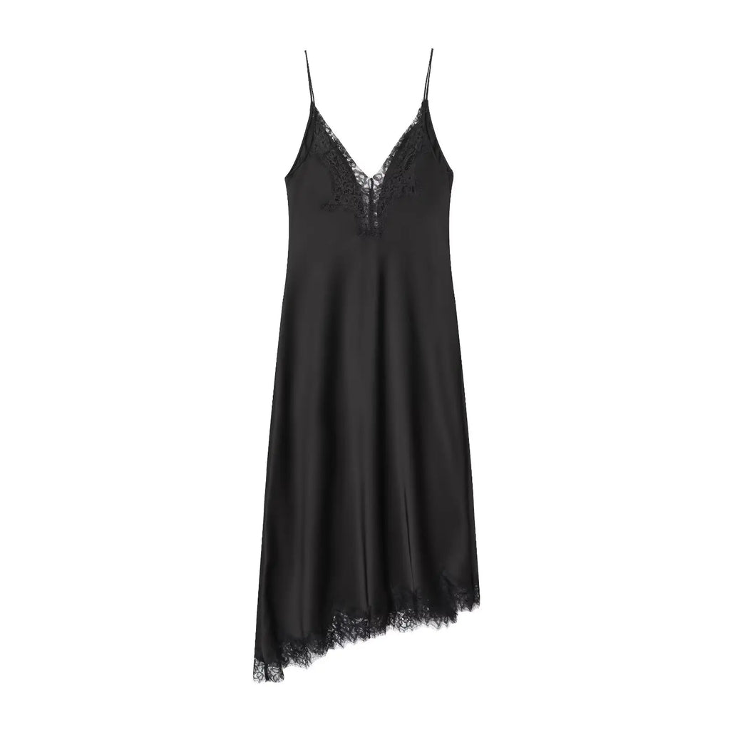 HH Fashion Soild Asymmetric Lace Satin Dress For Women's Sexy V-Neck Sleeveless Backless Slit Evening Party Slip Midi Dress