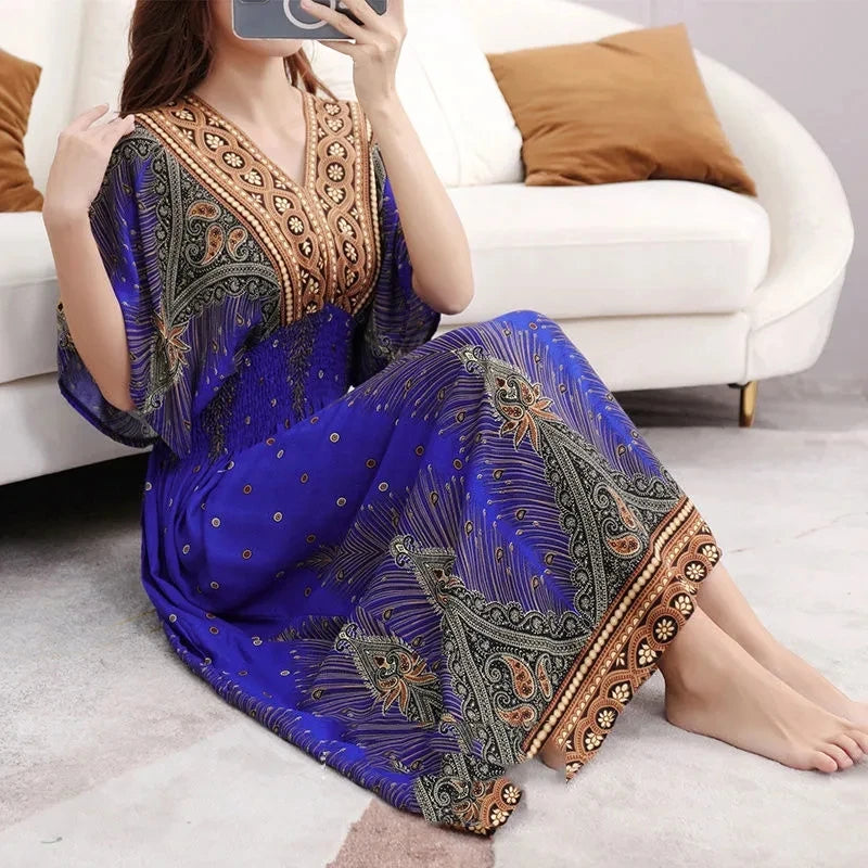 Colorful Flower V-neck Elastic Youthful Bohemian Sweet Midi Dress Woman Clothes Chic Fashion Summer Dresses 2025 Large Swing Ski
