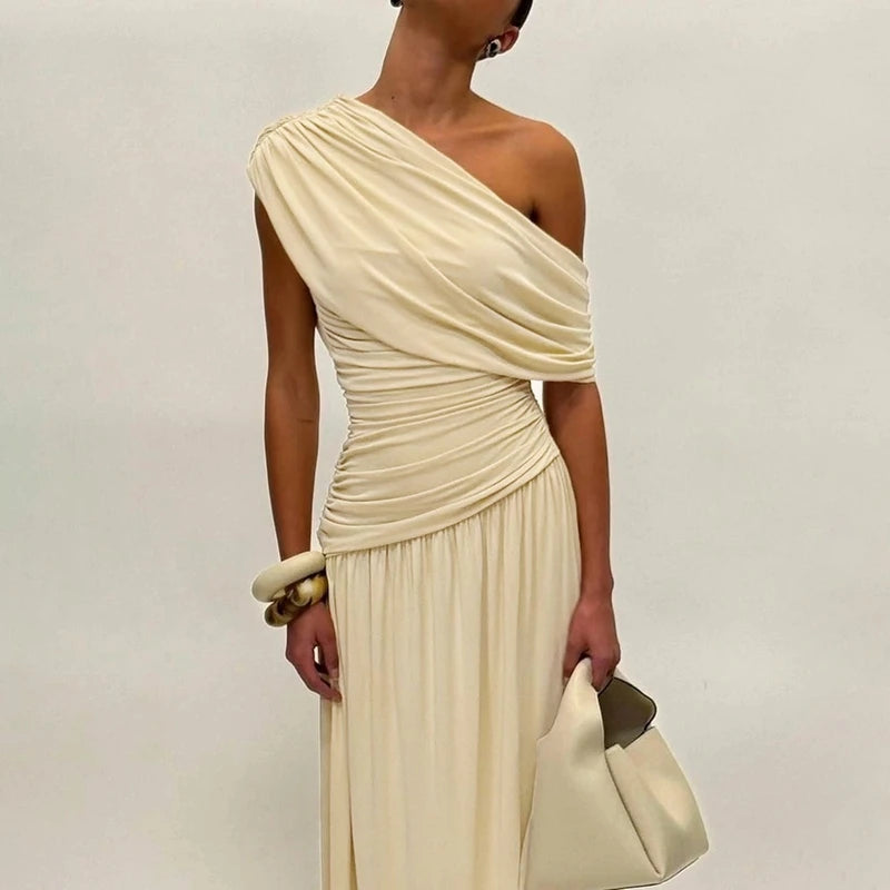 Hugcitar One Shoulder Ruched Sleeveless Solid Pleated Sexy Irregular Y2K Maxi Dress Summer Elegant Party Women Clothes Vacation