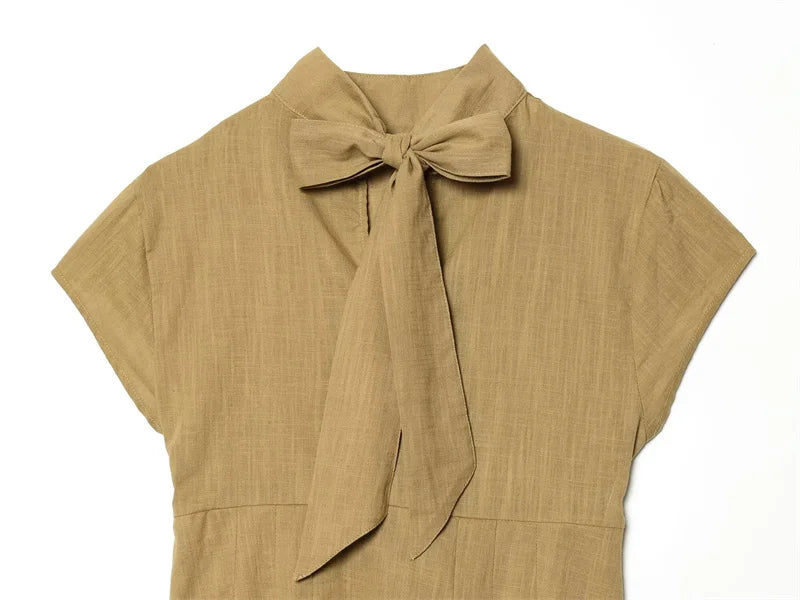 Women's Shirt 2026 Summer New Khaki Short Sleeve Bow Decorative Hollow-Out Dress Hem Shirt Casual Fashion Personality
