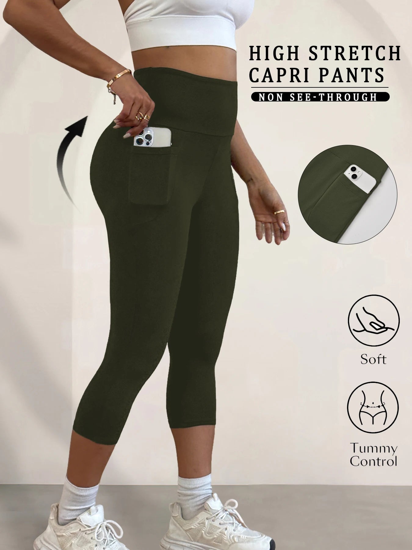 Super Soft Pants for Women High Waisted Capri with Pockets Tummy Control No See Through Running