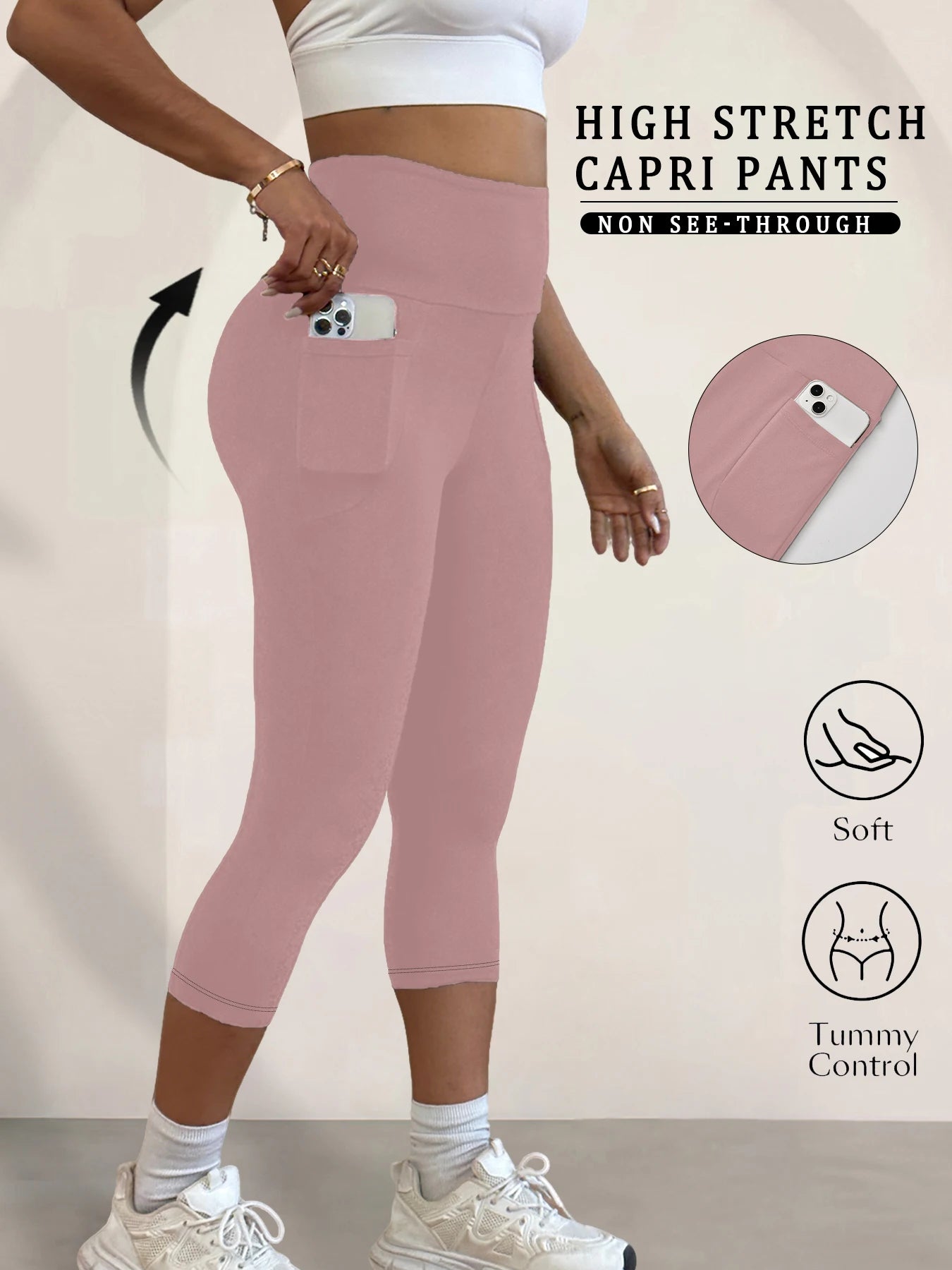 Super Soft Pants for Women High Waisted Capri with Pockets Tummy Control No See Through Running