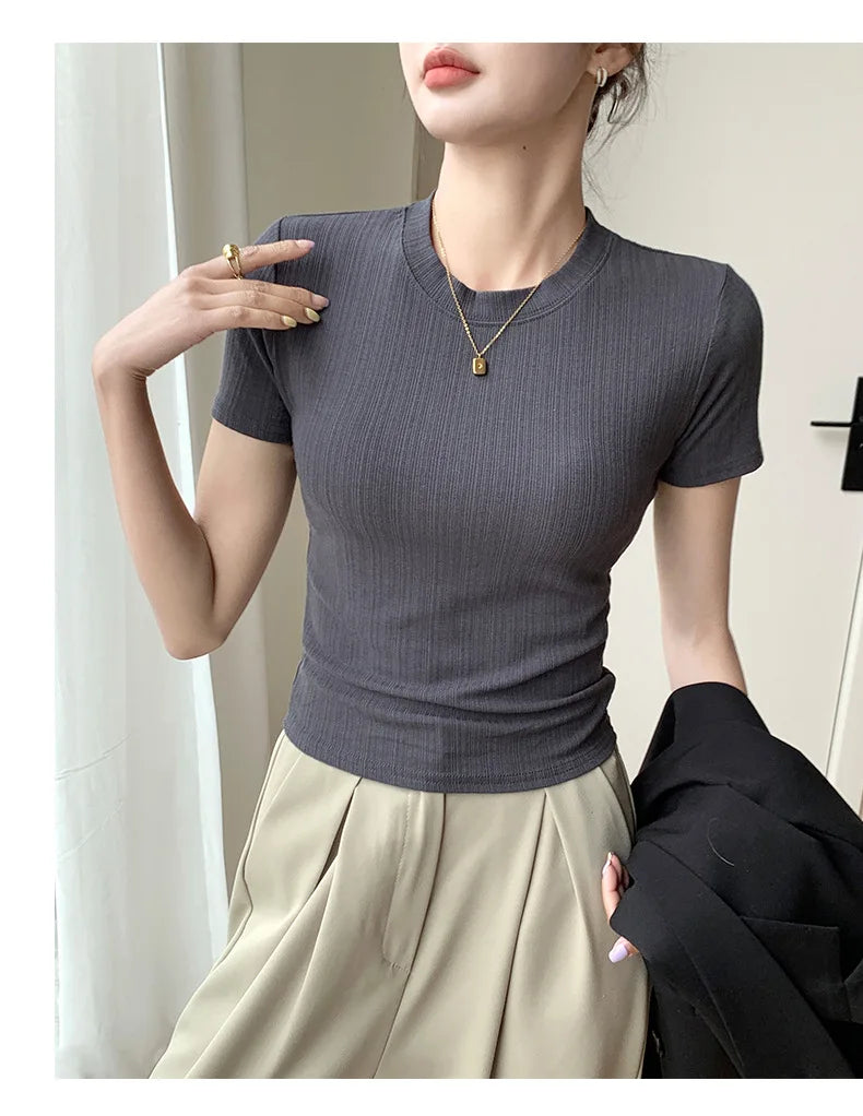 Summer New Women's Crewneck T-shirt Knitted Short-sleeved Top Casual All-match T-shirt Striped Base Shirt Slim-fit Breathable