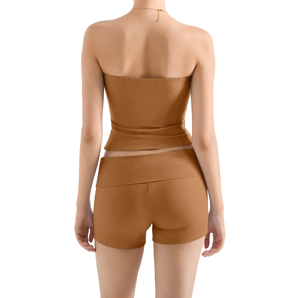 Women Y2K 2 Piece Modal Lounge Sets Double Lined Workout Sets Strapless Tube Top Low Waist Shorts Loungewear Suits Ladies