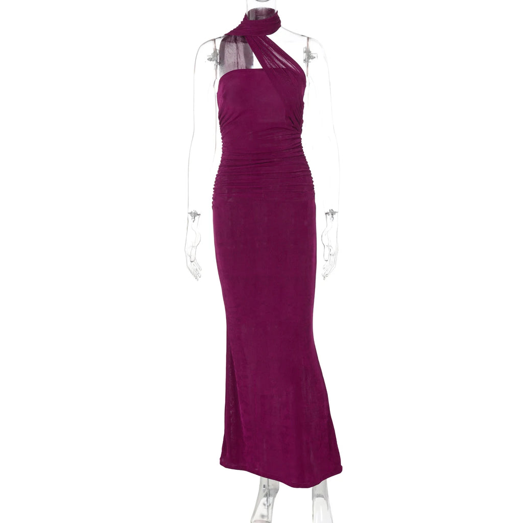 Hugcitar Halter Solid Sleeveless Backless Ruched Sexy Bodycon Maxi Prom Dress Summer Women Elegant Outfit Evening Party Birthday