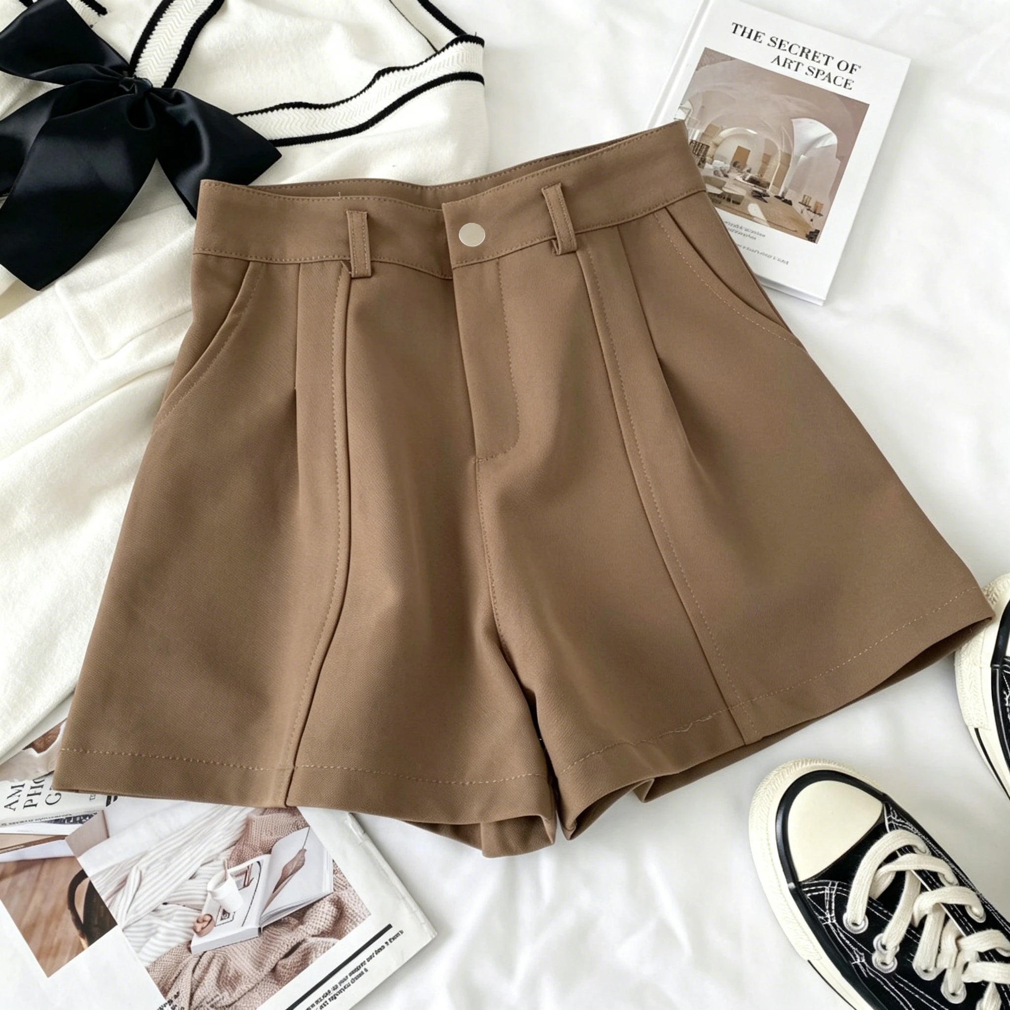Women‘s Casual shorts Fashion Elegant Office Lady Commute Vintage Solid High Waist Short Pants Casual Streetwear Summer Trousers