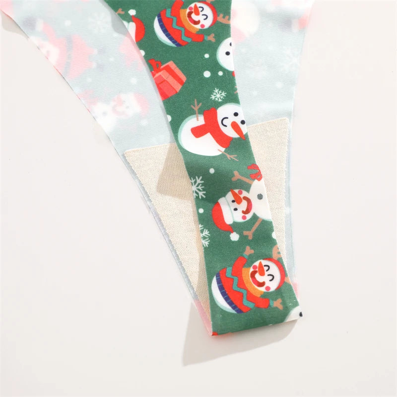 5PCS/Lot Seamless Ice Silk Thongs Women's Christmas Theme Underwear Sexy Rhinestone Waist Panties Santa Claus Printed Lingerie