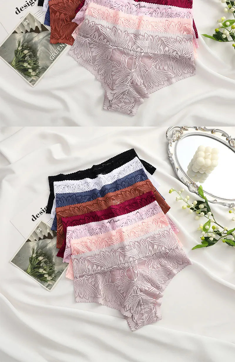 FINETOO 4PCS Floral Lace Thongs Sexy Perspective G-String Mid Waist T-back Female Breathable Intimates Brazilian Underwears