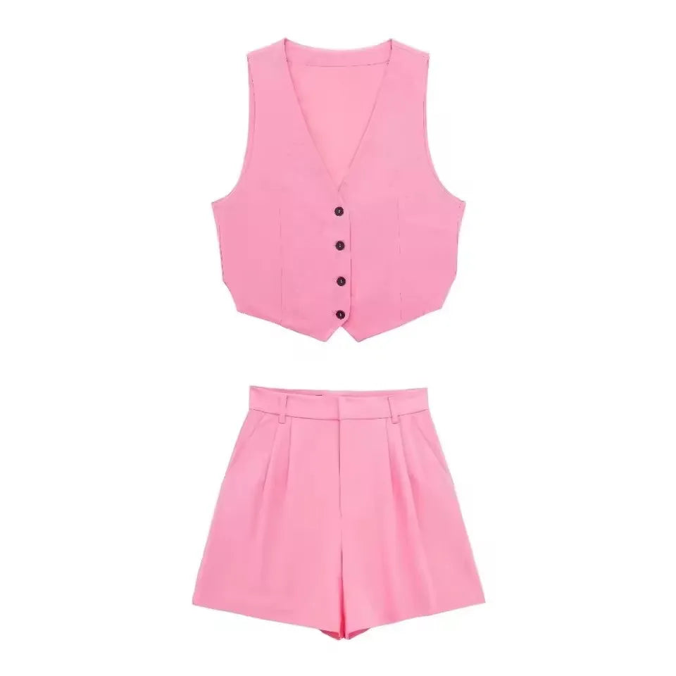 HH Women 2 Piece Vest Shorts Set V Neck Button Waistcoat High Waist Pleated Shorts Office Lady Casual Business Solid Suit