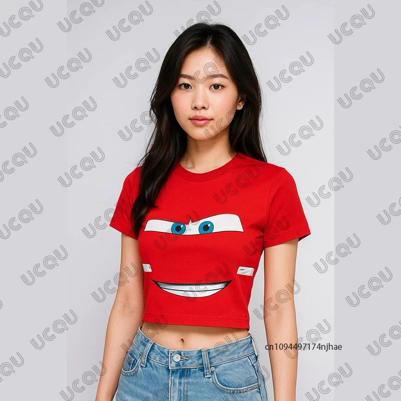 Summer New Lightning Mcqueen Print T-shirt For Women Korea Sle Short Sleeve Crop Top Streetwear Tees Vintage Casual Y2k Tops