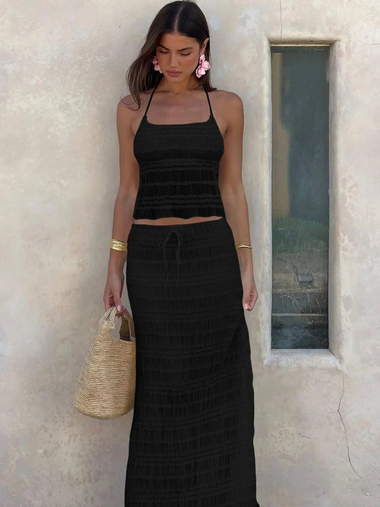 Weird Puss Mesh Backless 2 Piece Set Women Halter Lace-Up See Through Crop Tops+Loose Elegant Long Skirts Vacation Trend Outfits