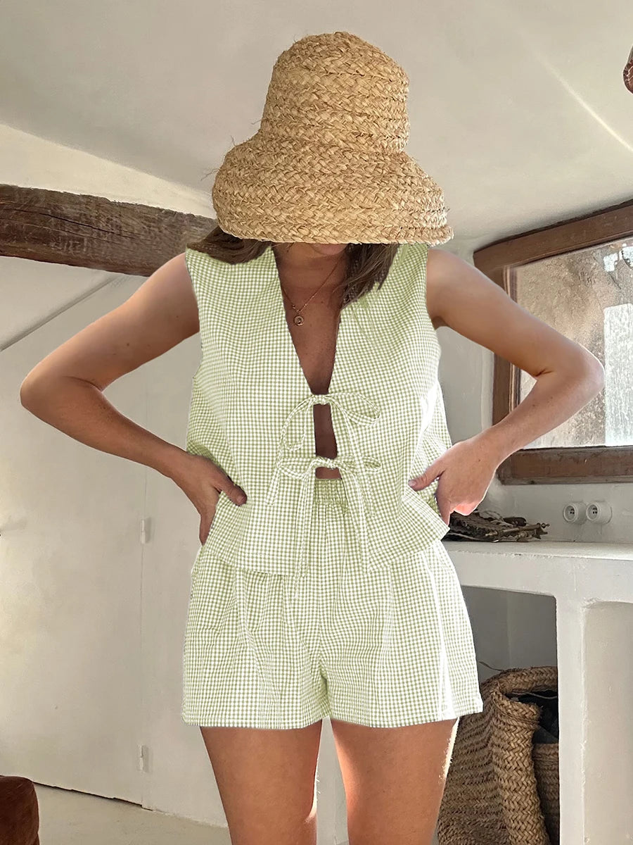Women 2-Piece Shorts Pajamas Set Vintage Plaid Print Lacing V-Neck Sleeveless Tank Tops Elastic Waistband Shorts Loungewear Sets
