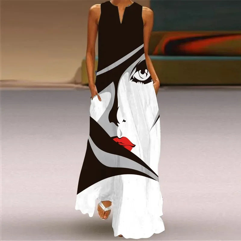 Elegant Sleeveless Women Dress Summer Vintage Print Loose Long Maxi Dresses Lady V Neck Pocket Sundress Femme Vestido Plus Size