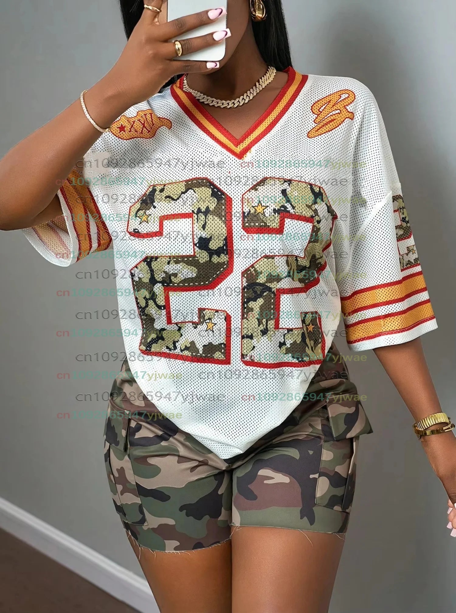 2026 Summer Women NO.22 Fashion Y2K Breathable Quick Drying T-shirt Camo Printed Loose Music Festival Party Comfortable t-Shirt