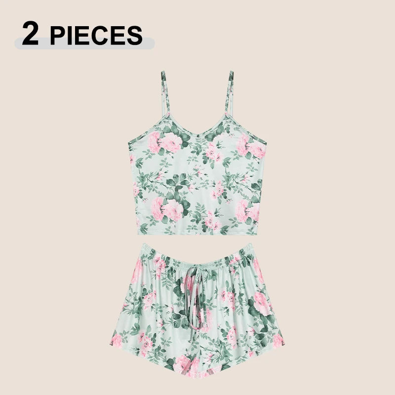 Summer Printed Cami Sleeveless Top and Shorts Pajama Sets For Women Sexy Leisure Adjustable Belt Loungewear Female Soft Pajama