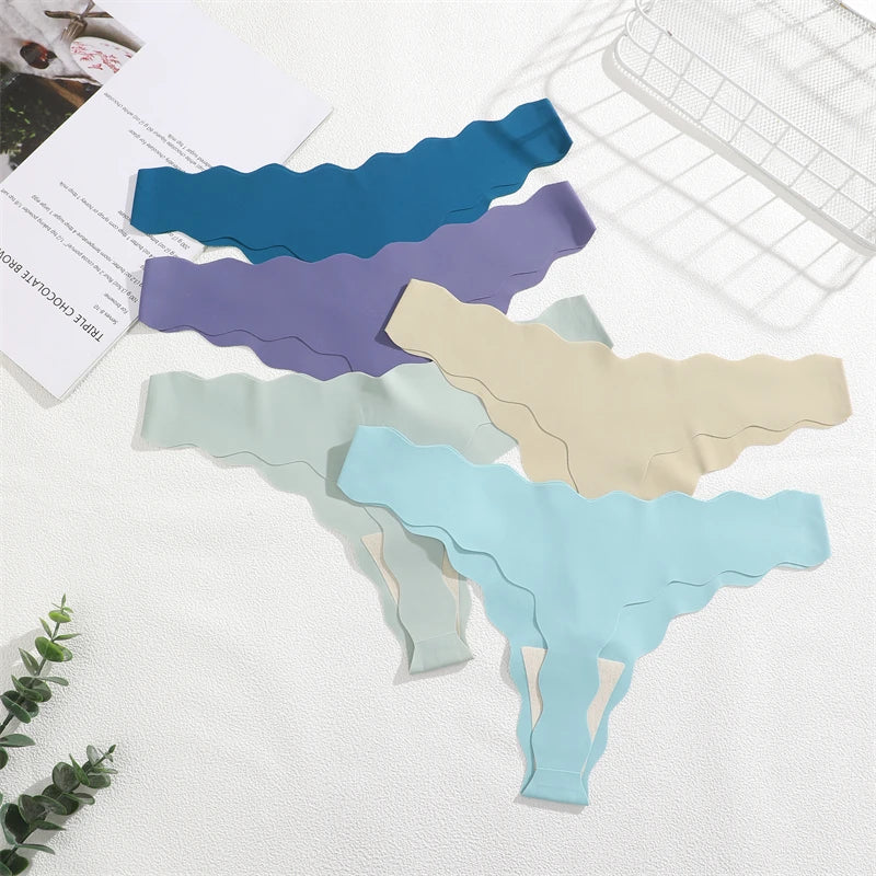 4Pcs Seamless Invisible Thongs Underwear for Women Low Waist Sexy Wave Belt T-Back Breathable Stretchy G-String Panties Lingerie