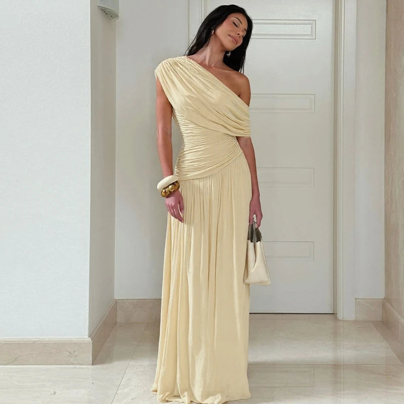 Hugcitar One Shoulder Ruched Sleeveless Solid Pleated Sexy Irregular Y2K Maxi Dress Summer Elegant Party Women Clothes Vacation