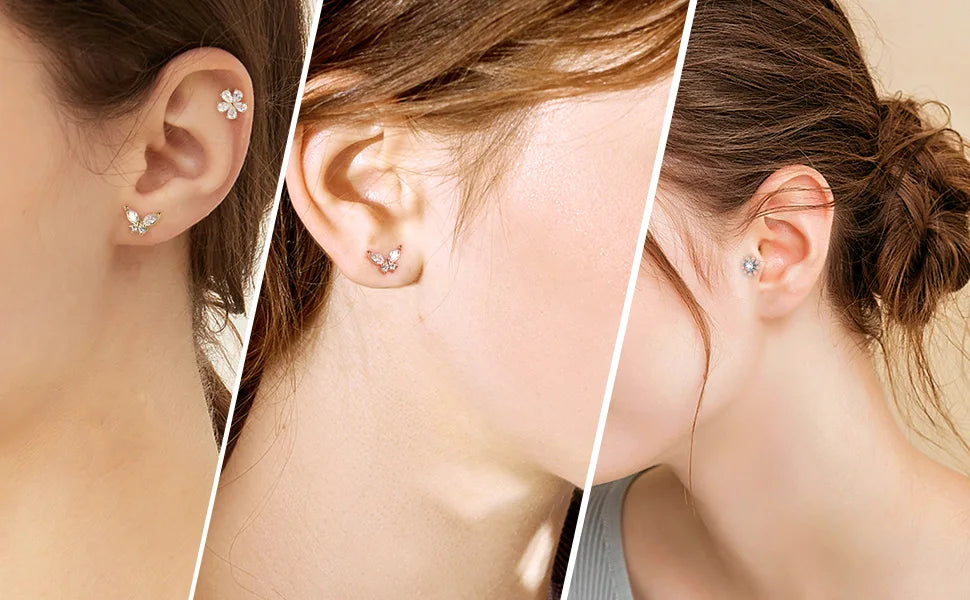 Drperfect 1pc Cartilage Earrings Stud for Women Surgical Steel Flat Back Earring Butterfly Flower Tragus Helix Piercing Jewelry