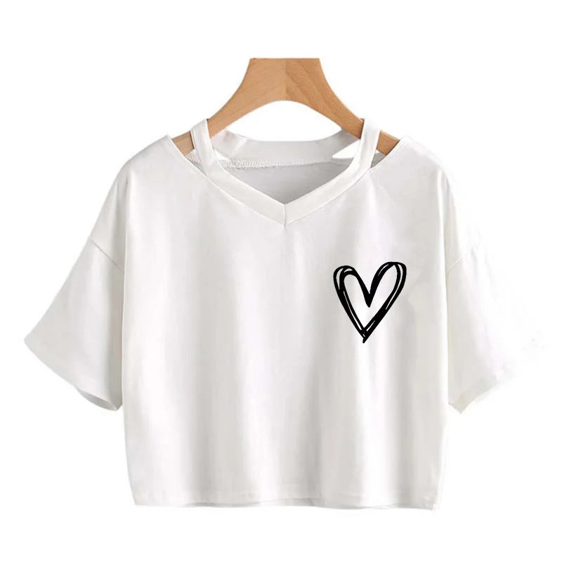 Women's Sexy Crop Tops with Heart Print Short Sleeve Cropped T Shirt Drawstring Graphic Tshirt Fashion T-shirt Clothes