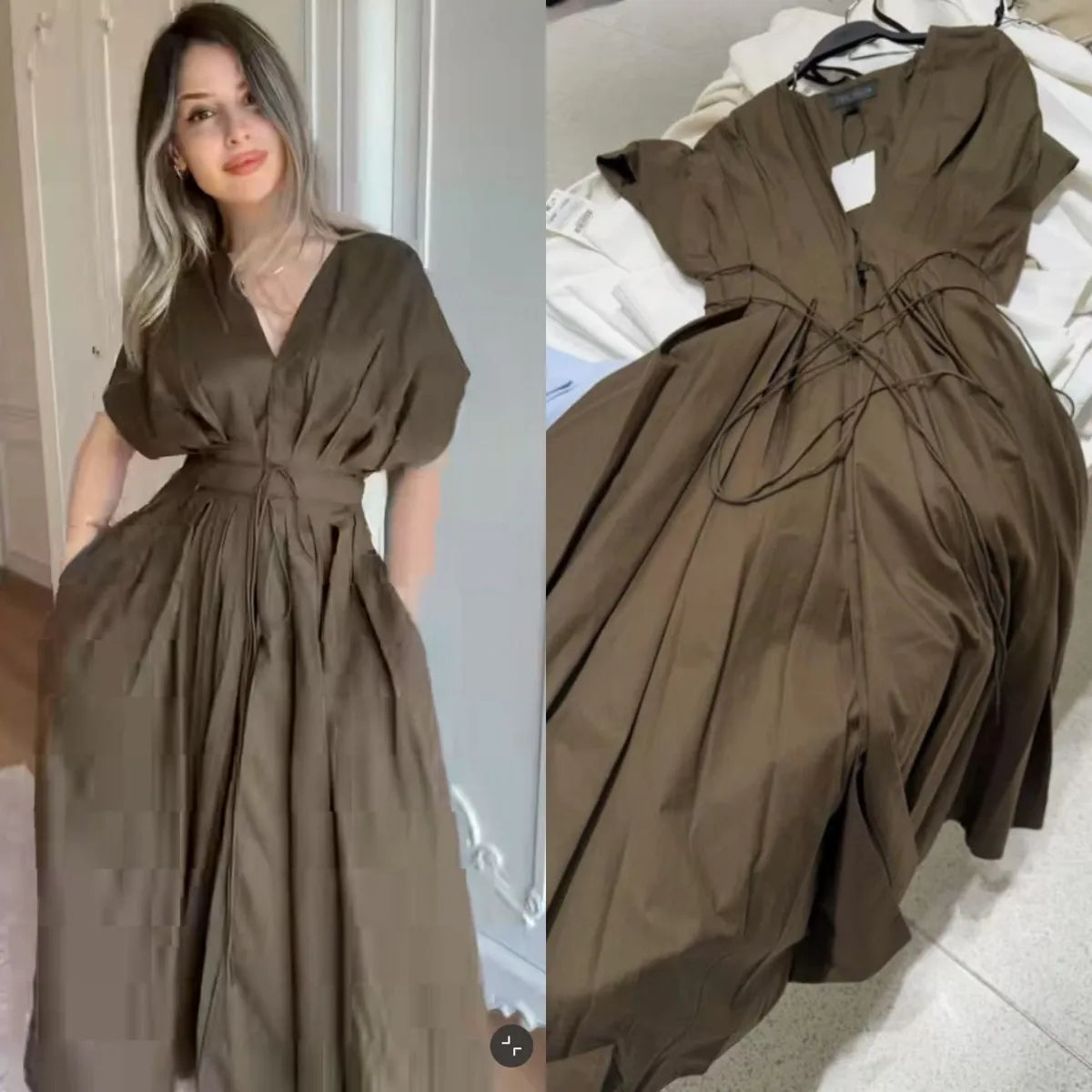 ETJ Summer 2025  women's elegant party dress Vintage V-neck fashion pleated lace-up MIDI poplin dress