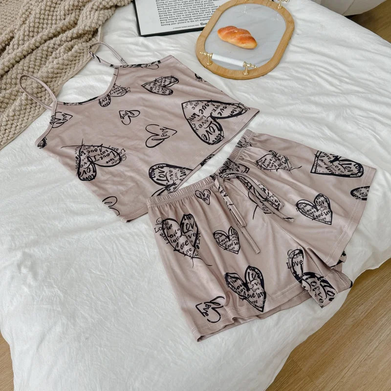 Summer Printed Cami Sleeveless Top and Shorts Pajama Sets For Women Sexy Leisure Adjustable Belt Loungewear Female Soft Pajama